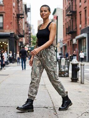 Telepatia Womens Denim Cargo Jogger Pants 7/28 Camo Stretch Drawstring